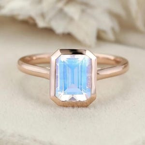 Emerald Cut Moonstone Ring: 14K Rose Gold Bezel Solitaire