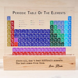 May include: A clear acrylic Periodic Table of the Elements display with a wooden base. The colourful chart is mounted on a clear acrylic sheet. The wooden base has the text "Above all, don't fear difficult moments. The best comes from them. Love, Mum."