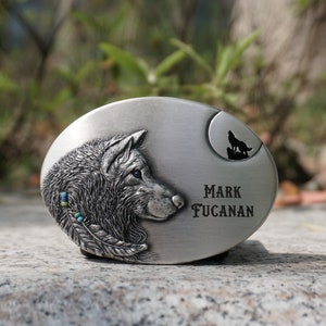 Personalized Western WOLF BELT BUCKLE with name engraved, Custom monogram Belt Buckle for him, her, Groomsman, Cowboy
