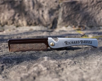 Personalized two in one Folding Hair beard Comb/bottle opener with Engraving - Great Gift for Him, groomsmen