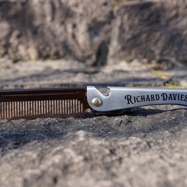 Personalized two in one Folding Hair beard Comb/bottle opener with Engraving - Great Gift for Him, groomsmen