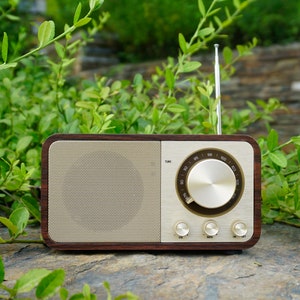 Pu&ograve; includere: Una radio in legno in stile vintage con un quadrante e manopole dorate. La radio ha una griglia dell'altoparlante nera e un'antenna argentata.