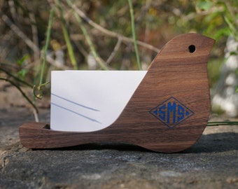 Porte-cartes de visite personnalisé oiseau en bois avec gravure et incrustation, porte-cartes de visite, cadeaux de collègues, cadeau pour lui/elle