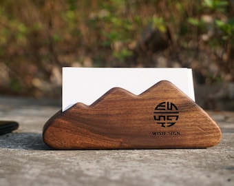 Personalized wooden business card holder for desk with engraving and inlay, business card storage, business card case