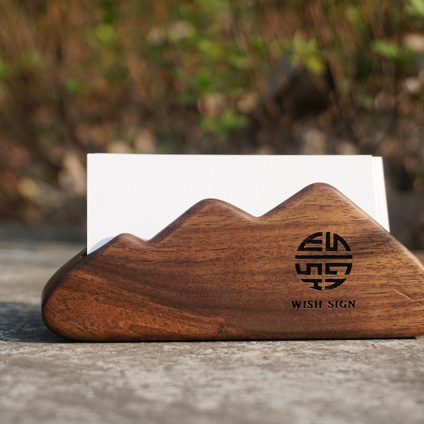 Personalized wooden business card holder for desk with engraving and inlay, business card storage, business card case