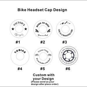 K&ouml;nnte beinhalten: Sechs verschiedene Designs f&uuml;r Fahrrad-Steuerkopfkappen. Die Designs beinhalten Text, Grafiken und eine Fahrradsilhouette. Die Kappen sind wei&szlig; mit schwarzen Designs. Die Designs sind von 1 bis 6 nummeriert.