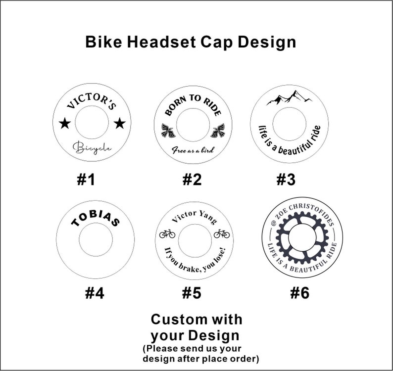 K&ouml;nnte beinhalten: Sechs verschiedene Designs f&uuml;r Fahrrad-Steuerkopfkappen. Die Designs beinhalten Text, Grafiken und eine Fahrradsilhouette. Die Kappen sind wei&szlig; mit schwarzen Designs. Die Designs sind von 1 bis 6 nummeriert.
