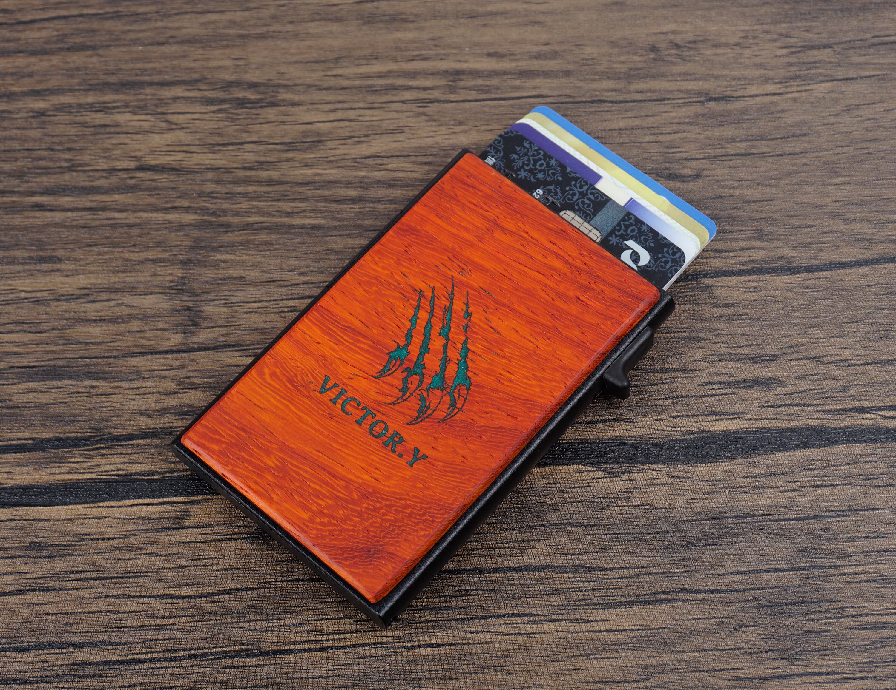 Personalized Pop up Card Holder Wallet With Wood Engraving and - Etsy New  Zealand