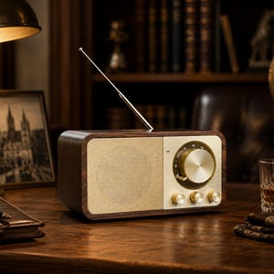 May include: A retro wooden radio with a gold speaker grille and control panel. The radio has a silver aerial and is placed on a wooden desk. A framed picture, a lamp, and a glass of amber liquid are also on the desk.
