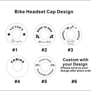 Peut inclure: Six designs diff&eacute;rents pour des bouchons de direction de v&eacute;lo. Les designs comprennent du texte, des &eacute;toiles, des oiseaux, des montagnes et des v&eacute;los. Les bouchons sont ronds et blancs avec du texte et des graphismes noirs.