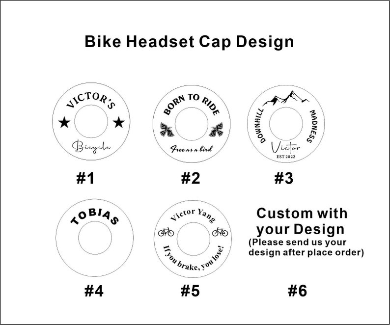 Peut inclure: Six designs diff&eacute;rents pour des bouchons de direction de v&eacute;lo. Les designs comprennent du texte, des &eacute;toiles, des oiseaux, des montagnes et des v&eacute;los. Les bouchons sont ronds et blancs avec du texte et des graphismes noirs.