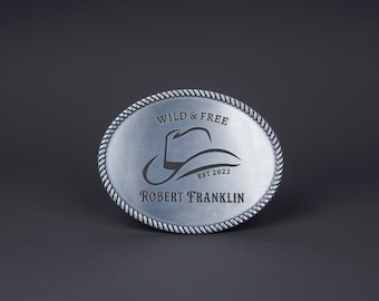 FIBBIA PER CINTURA con cappello da cowboy personalizzato per uomo con nome inciso, fibbia per cintura con monogramma personalizzato per lui, Groomsman, Cowboy
