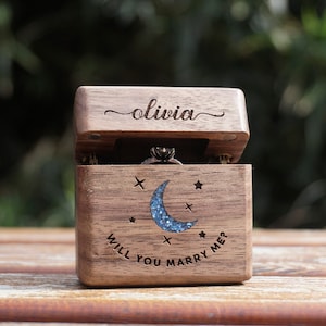 Personalized Wood Moon Slim Engagement/Proposal Ring Box for wedding