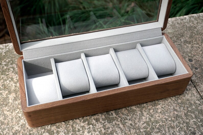 Personalized Walnut Watch Box Organizer with 5/10 Divider Slots, engraved watch box, Soft Velvet Pillows, best gift for man, dad, fathers day-6