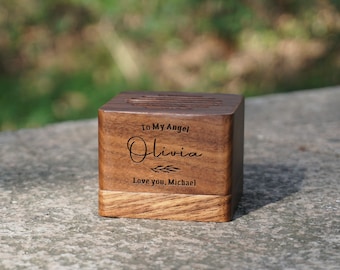 Personalized square wood wind up music box with engrave and inlay for wife gift, best friend gift, wedding engagement valentine's day gift