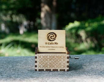 custom engraved Moana it calls me hand crank wooden music box
