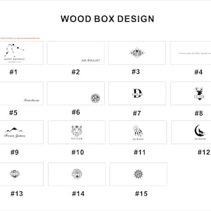 Puede incluir: Una cuadr&iacute;cula de 15 dise&ntilde;os diferentes de cajas de madera. Cada dise&ntilde;o presenta un gr&aacute;fico &uacute;nico, que incluye una constelaci&oacute;n, un monograma, una cordillera, un tigre, un ciervo, una luna creciente y un sol. Los dise&ntilde;os est&aacute;n numerados del 1 al 15.