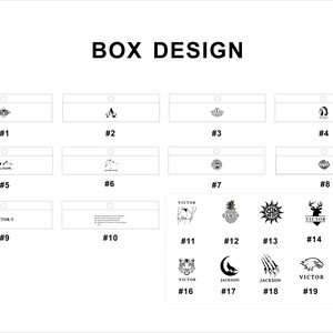 May include: A black and white image showing 20 different box designs. Each design features a unique graphic, including a pineapple, a tiger, a deer, a sun, a mountain, a crescent moon, and a pair of wings. The designs are numbered 1 through 20.