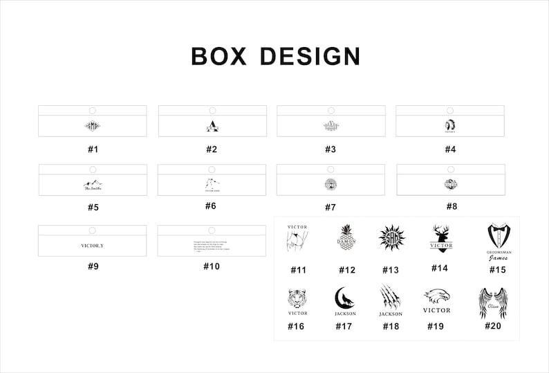 May include: A black and white image showing 20 different box designs. Each design features a unique graphic, including a pineapple, a tiger, a deer, a sun, a mountain, a crescent moon, and a pair of wings. The designs are numbered 1 through 20.