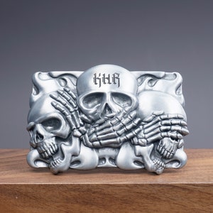 Personalized SKULL BELT BUCKLE with Initials engraved, Custom monogram Belt Buckle for him, Groomsman, Cowboy