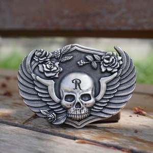 Personalized Skull Silver Plated Belt Buckle with skull, rose, wings. Custom monogram Belt Buckle for him, Groomsman