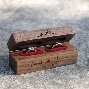 Personalized Wide Double Wood Wedding Ring Box for 2 Rings, Wedding Ceremony Ring Bearer Box, Slim proposal Ring Holder, engagement ring box