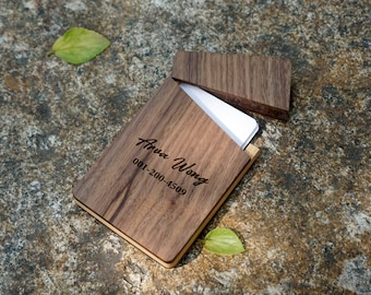 Personalized wooden business card case holder with engraved name