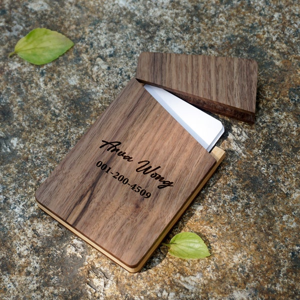 Personalized wooden business card case holder with engraved name