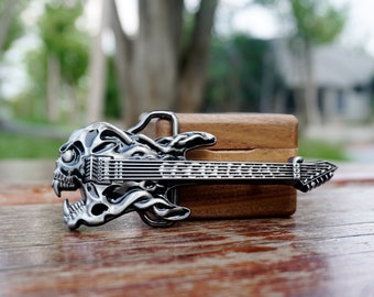Personalized Skull Guitar BELT BUCKLE for man with message engraved, Custom Belt Buckle for him, Groomsman, Cowboy