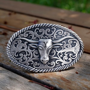 Personalized Long Horns Silver Plated Belt Buckle with long horns, retro branch pattern. Custom monogram Belt Buckle for him, Groomsman