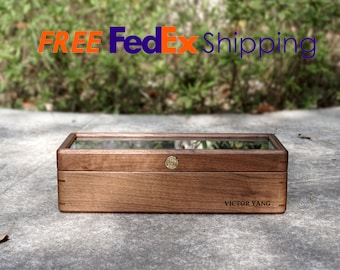 Personalized Walnut Watch Box Organizer with 5 Divider Slots, engraved watch box, Soft Velvet Pillows, best gift for man dad, Christmas gift