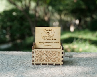 custom engraved can't stop falling in love hand crank wooden music box