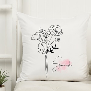 Custom Birth Flower Pillow With Name, Personalized  Birth Flower Throw Pillow Floral Throw Cushion, August Floral Pillow With Name For Her