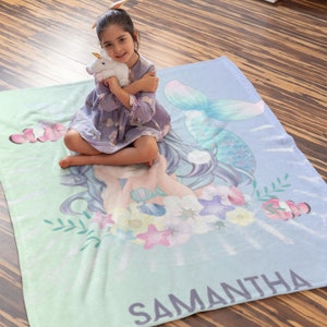 Personalized Mermaid Blanket With Name for Kids Girls Daughter, Custom Blanket Gift, Fleece Throw Blanket For Kids, Cozy Fleece Blanket