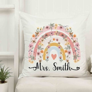Personalized Teacher Gift, Teacher Rainbow Boho Throw Pillow With Name, Teacher Throw Pillow, Floral Throw Pillow For Teacher Appreciation