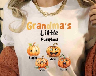 Grandma Halloween T-Shirt, Personalized Grandma Shirt With Kids Names as Pumpkins, Grandma's Little Pumpkins, Funny Grandma Halloween Tshirt