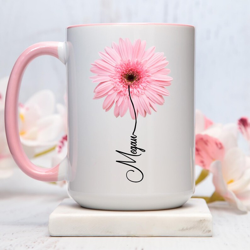 Gerbera-Geschenk, personalisierte Gerbera-Tasse, Gerbera-Geschenke für Sie, Blumenliebhaberin, Gedenkblumengeschenk für Sie, personalisierte Gerbera-Rosa Bild 7