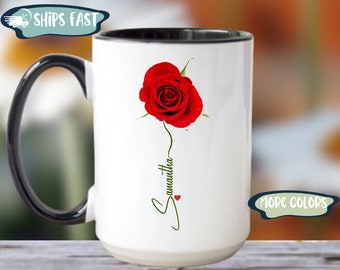 Rose Mug With Name, Personalized Red Rose Coffee Cup, Rose Gifts For her, Flower Lover, Flower Gifts For Her, Custom Rose Gift For Birthday