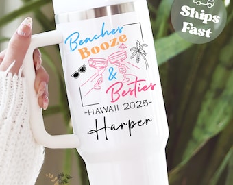 Beaches Booze and Besties Vacation Tumbler Personalized 40oz, Custom Girls Trip Tumbler Besties Trip Travel Mug with Handle Bachelorette Cup