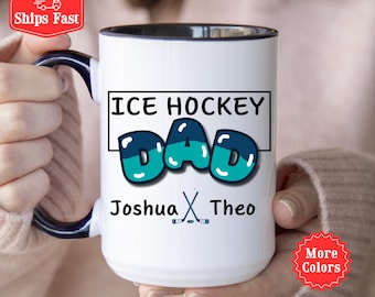 Gepersonaliseerde mok ijshockeyvader met kindernamen, koffiekop sportvader, Vaderdagcadeaus voor vader, mok gamedag, hockeyliefhebber, hockeyfan