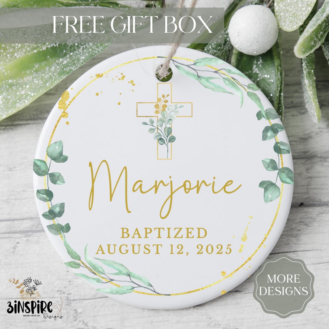 Cross Baptism Ornament Botanical, Custom Watercolo Baby Christening ...