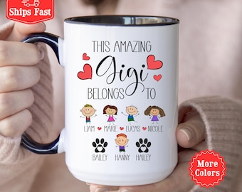 Taza Gigi con nombres de niños, taza de café Gigi personalizada, taza "Gigi pertenece a", taza para abuelos, regalo del Día de la Madre Gigi Gift 001652