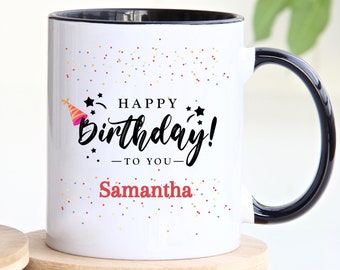 Personalized Birthday Coffee Mug With Name, Custom Bithday Mug, Happy Birthday Cup, Birthday Hat Cup, Birthday Gift For Her, Custom Mug