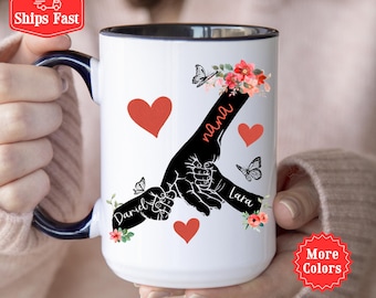 Nana Holding Hands Coffee Mug, Personalized Nana With Names Cup, Custom Nana Gift From Grandchildren, To Mom From Daughter Mothers Day Cup