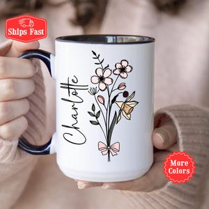 Tazza con nome e fiori di nascita, tazza da caffè con fiori personalizzata, tazza floreale personalizzata per lei, regalo per mamma e figlia, regalo per la migliore amica