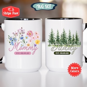 Juego de tazas para nuevos padres, tazas personalizadas con diseño floral y forestal, juego de tazas personalizadas para mamá y papá, juego de tazas para nuevos padres