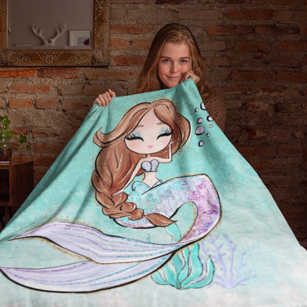 Personalisierte Meerjungfrau Decke mit Namen für Kinder Mädchen Tochter, individuelles Geschenk, Fleece Decke für Kinder, weiche Fleece-Decke