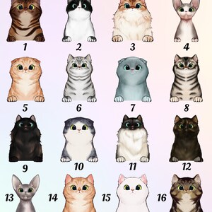Puede incluir: Un collage de 16 ilustraciones de gatos diferentes. Cada gato se representa en una pose diferente y con marcas &uacute;nicas. Los gatos est&aacute;n dispuestos en una cuadr&iacute;cula, con cada gato numerado del 1 al 16.