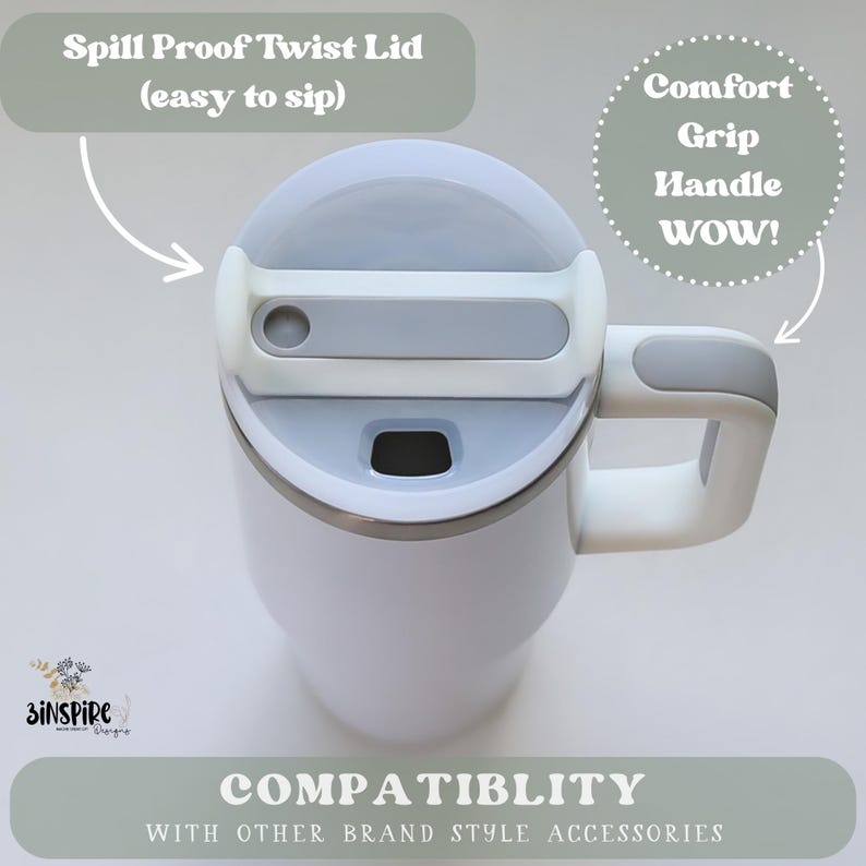 May include: A white travel mug with a gray lid and handle. The lid features a spill-proof twist design. The mug has a comfort grip handle. Text on the image reads "Spill Proof Twist Lid (easy to sip)" and "Comfort Grip Handle WOW!"