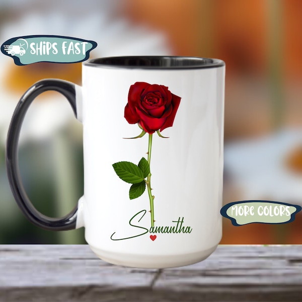 Red Rose Mug, Personalized Rose Coffee Cup, Rose Gifts For Her, Flower Lover, Flower Keepsake, Custom Rose With Name, Valentines Day Gifts